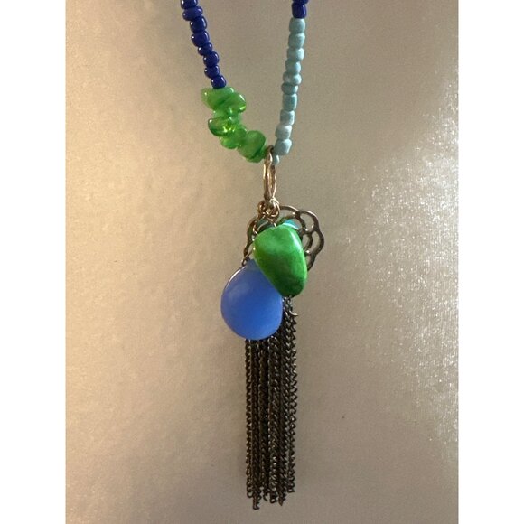 Retro Extra Long Beaded Tassel Pendant Necklace Blue Green Mix Beads - Picture 4 of 7